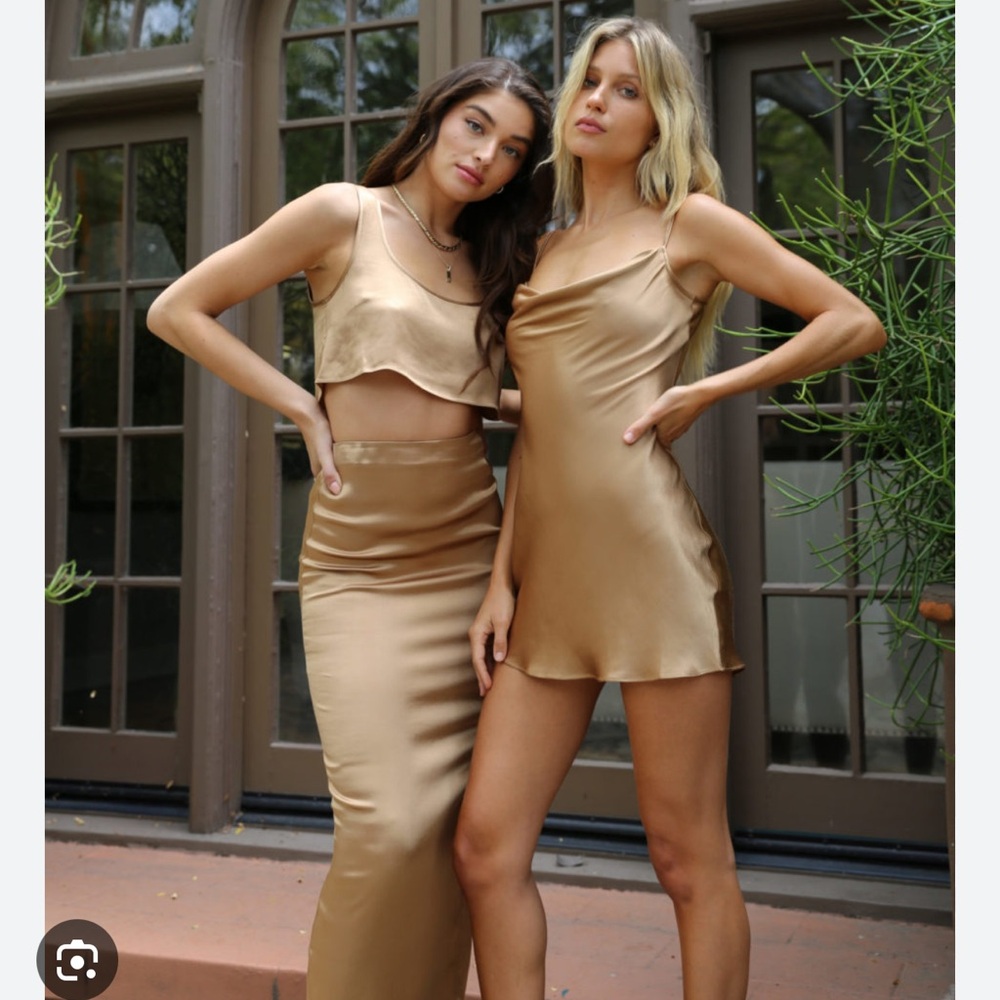 Elegant Gold Satin Dress and Skirt Set